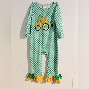 Green Checkered Kids One Piece with Tractor Design